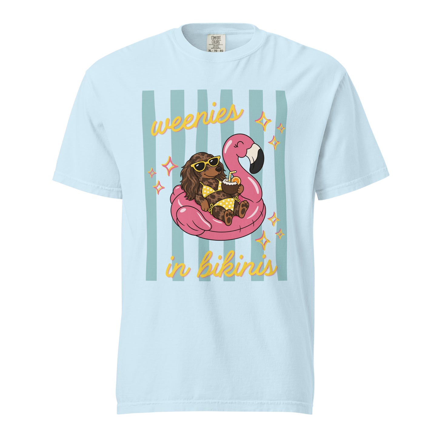 Dachshund Weenies in Bikinis shirt in chambray blue, funny doxie beach tee