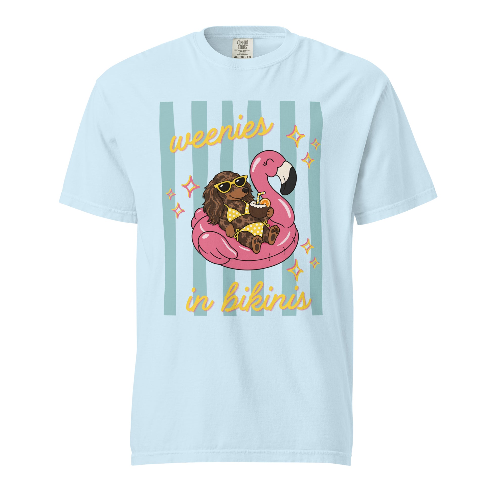 Dachshund Weenies in Bikinis shirt in chambray blue, funny doxie beach tee