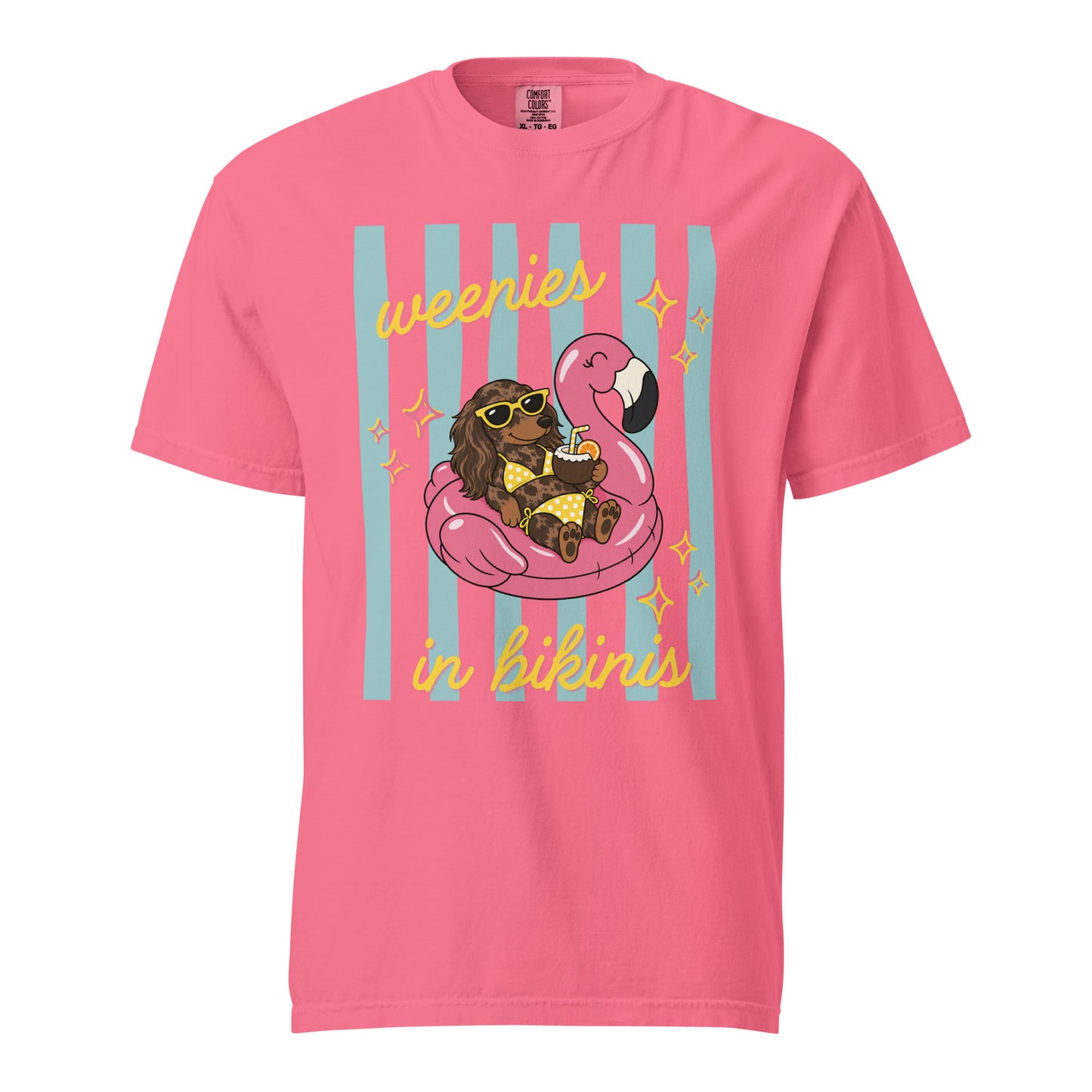 Dachshund Weenies in Bikinis shirt in crunchberry pink, funny doxie beach tee