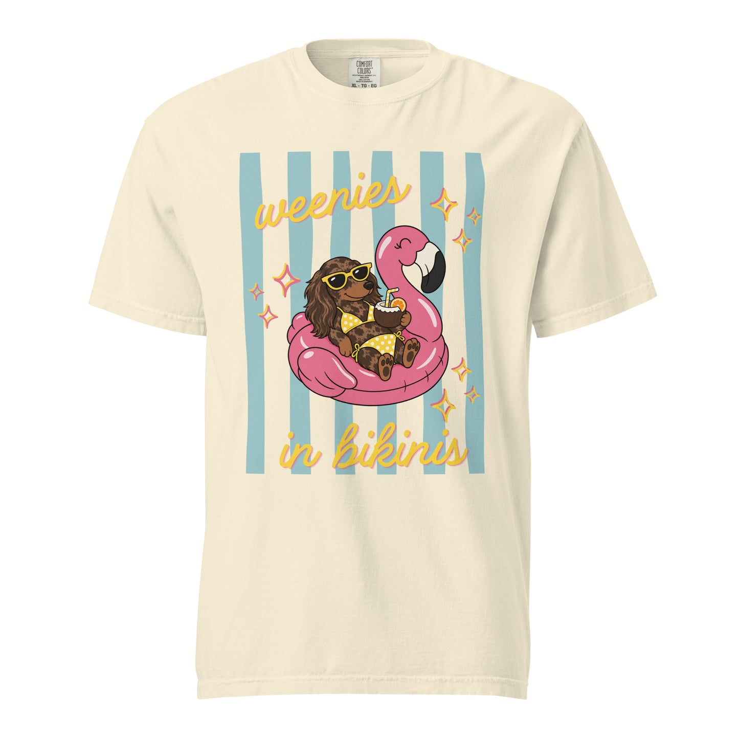 Dachshund Weenies in Bikinis shirt in ivory, funny doxie beach tee