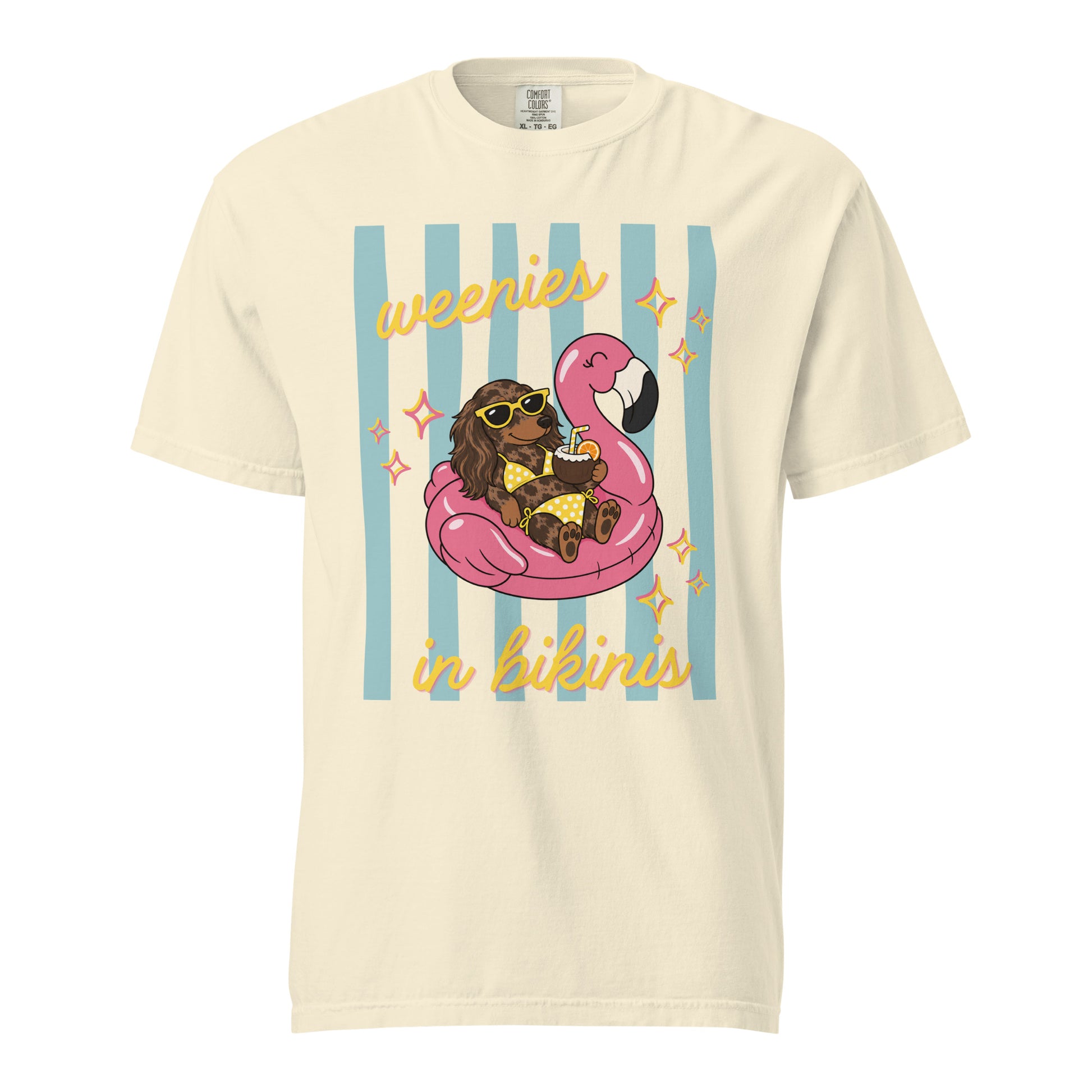 Dachshund Weenies in Bikinis shirt in ivory, funny doxie beach tee