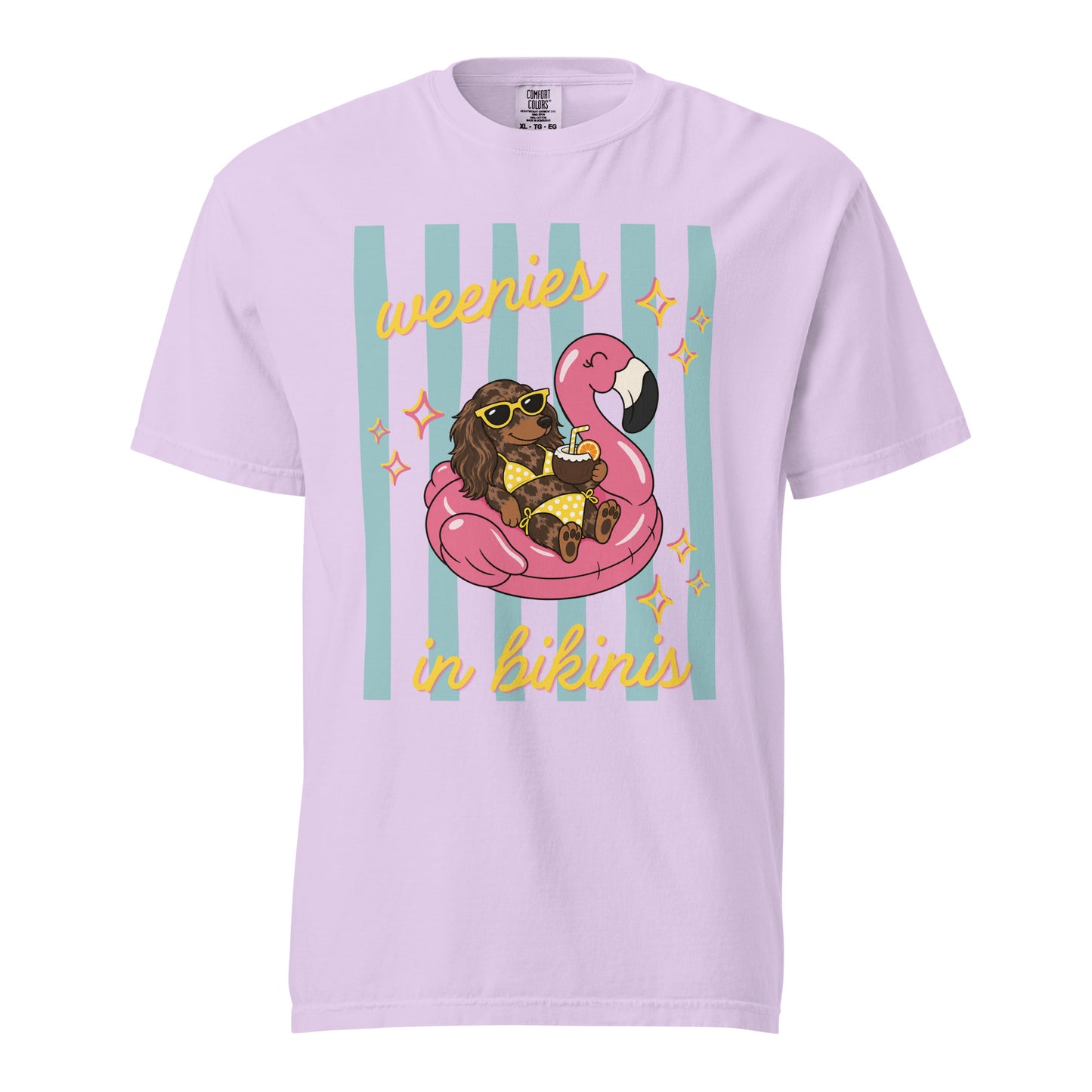 Dachshund Weenies in Bikinis shirt in orchid, funny doxie beach tee