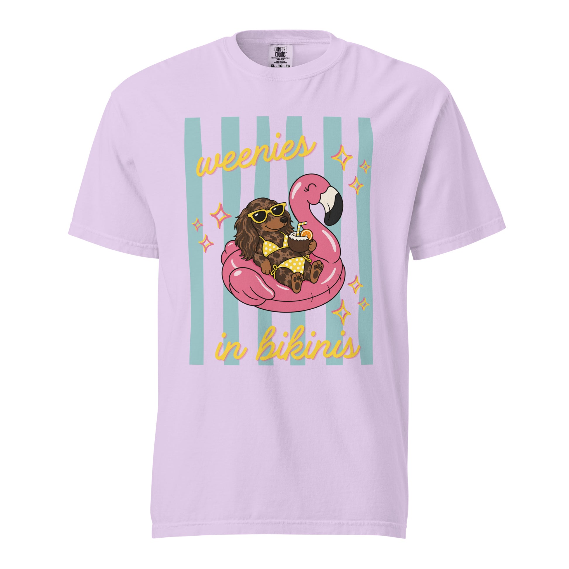 Dachshund Weenies in Bikinis shirt in orchid, funny doxie beach tee