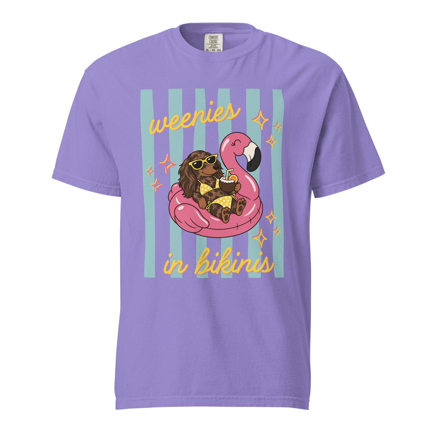 Dachshund Weenies in Bikinis shirt in violet, funny doxie beach tee