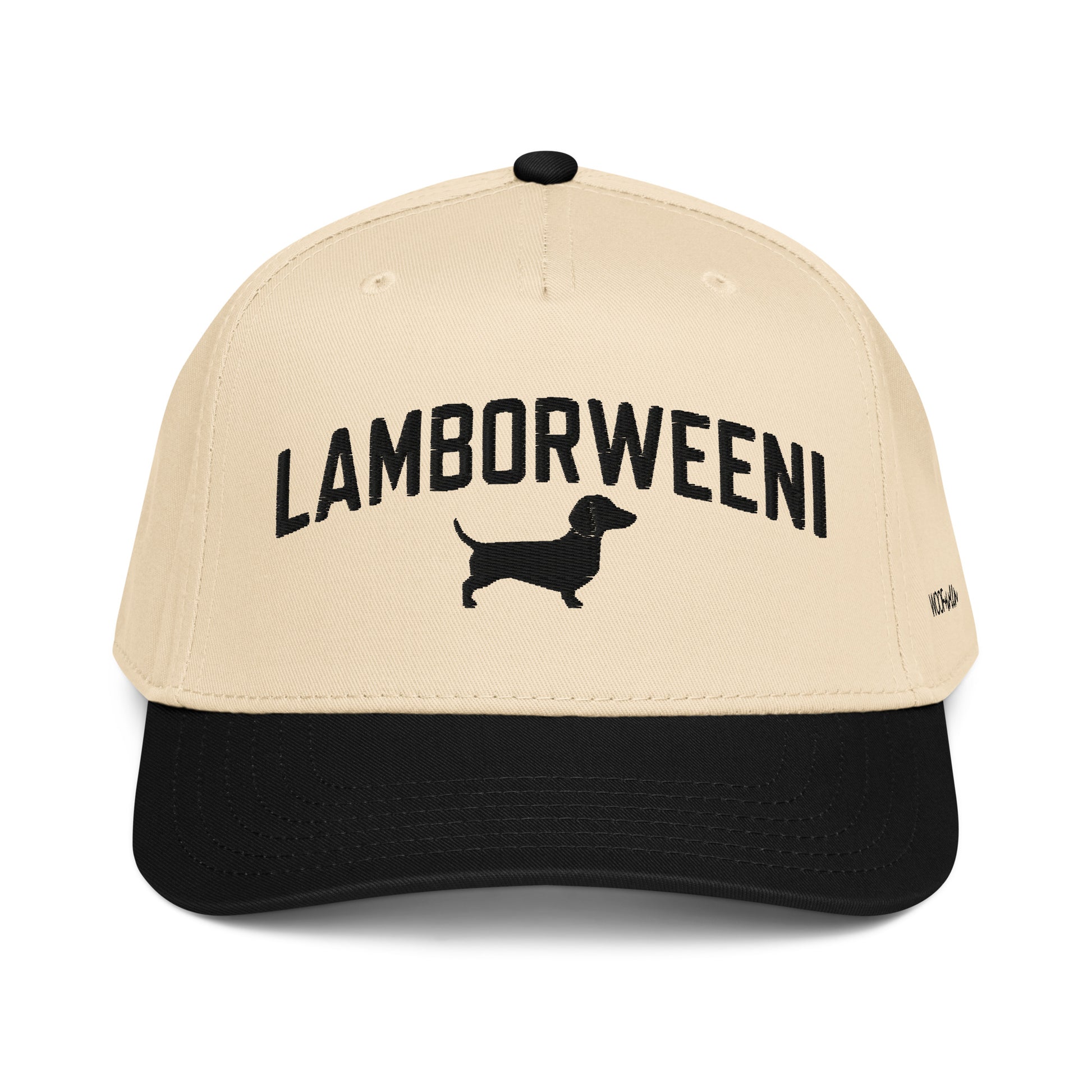 embroidered beige and black hat for dachshund racing that says lamboweeni