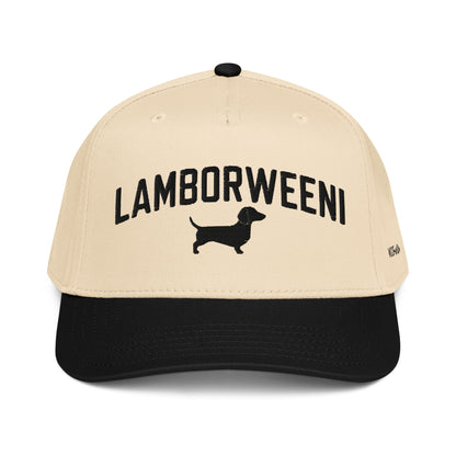 embroidered beige and black hat for dachshund racing that says lamboweeni