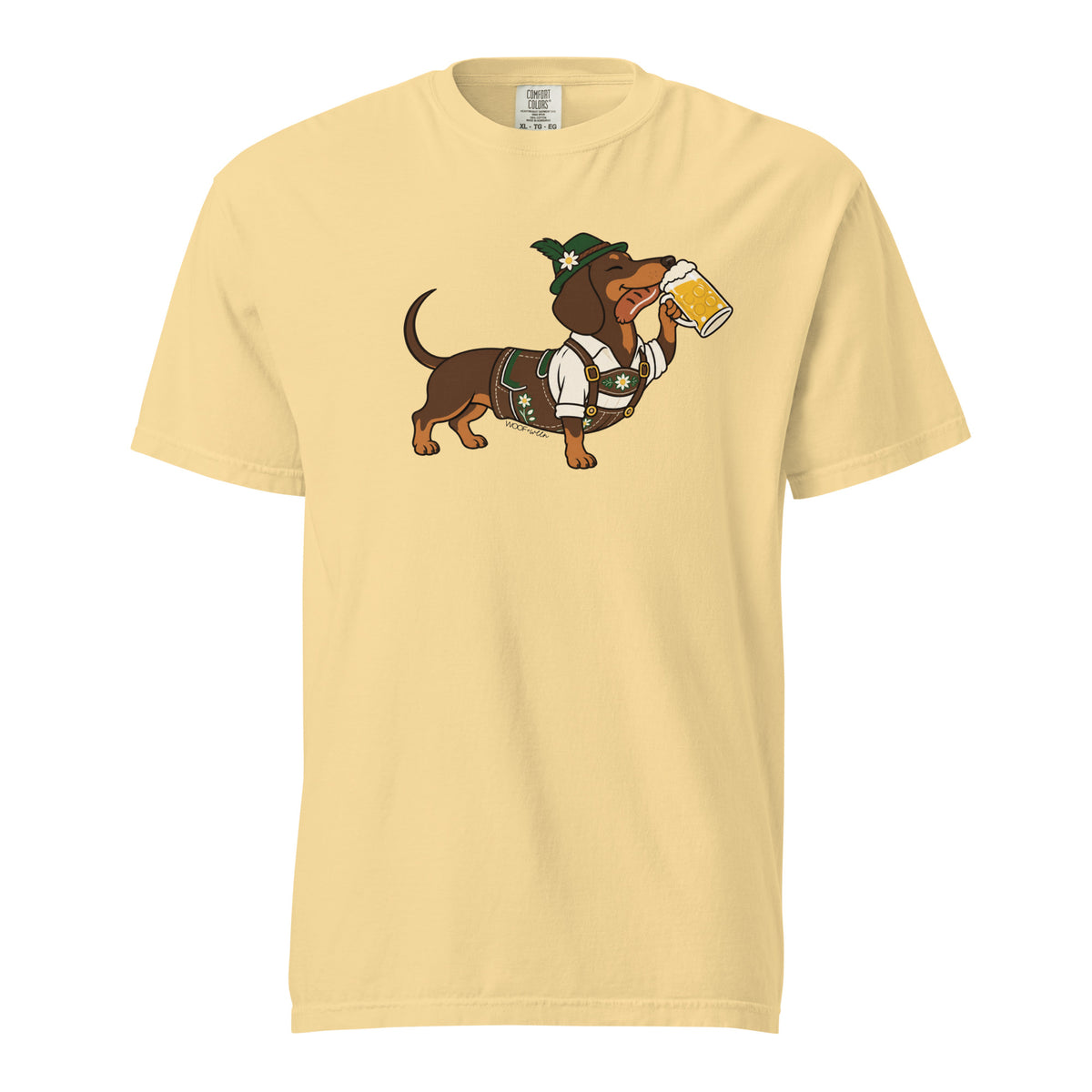 Dachtoberfest dachshund Oktoberfest shirt in butter, front print on Comfort Colors garment-dyed tee