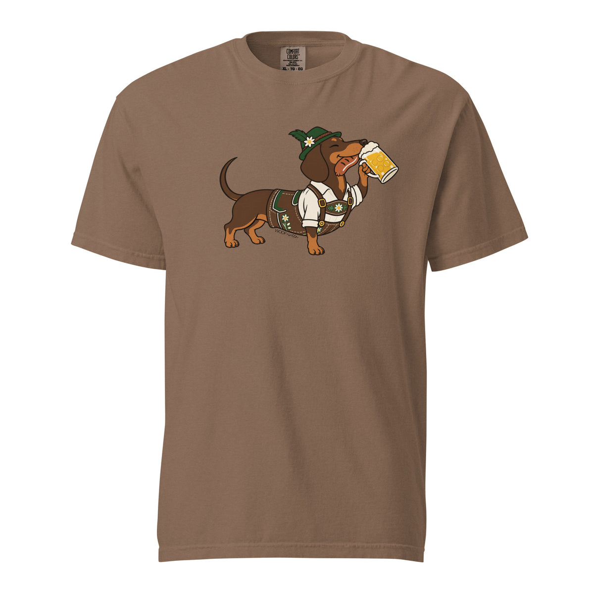 Dachtoberfest dachshund Oktoberfest shirt in espresso, front print on Comfort Colors garment-dyed tee