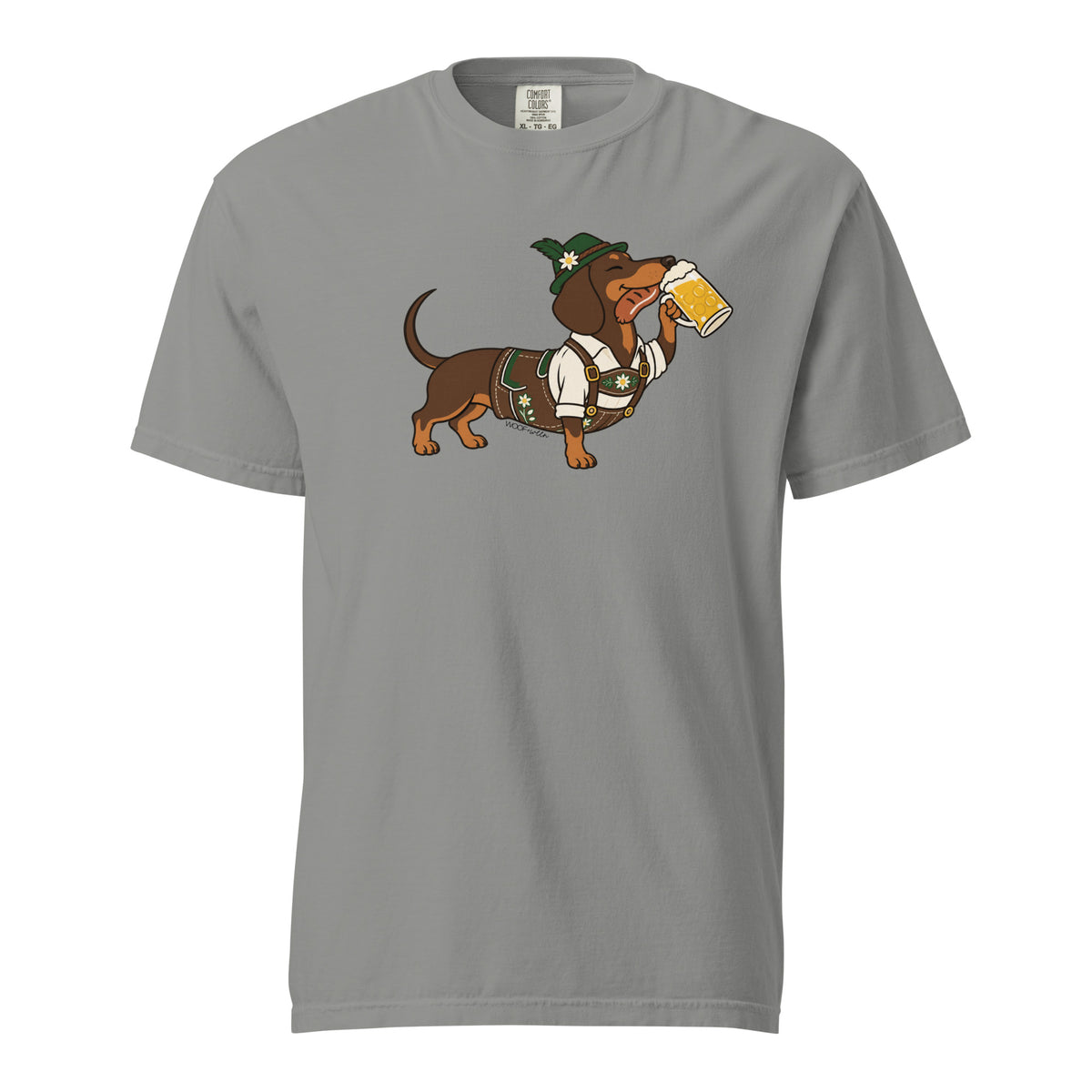 Dachtoberfest dachshund Oktoberfest shirt in grey, front print on Comfort Colors garment-dyed tee