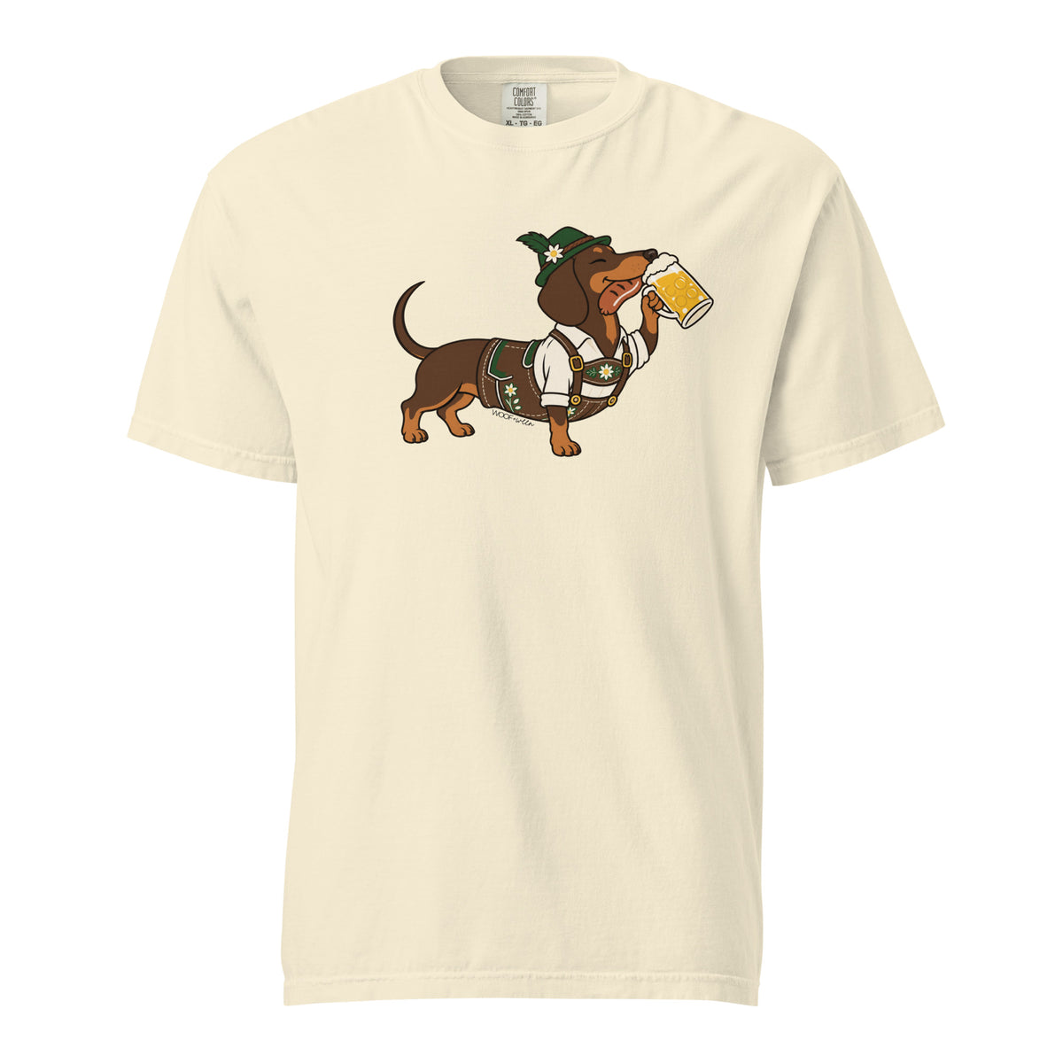 Dachtoberfest dachshund Oktoberfest shirt in ivory, front print on Comfort Colors garment-dyed tee