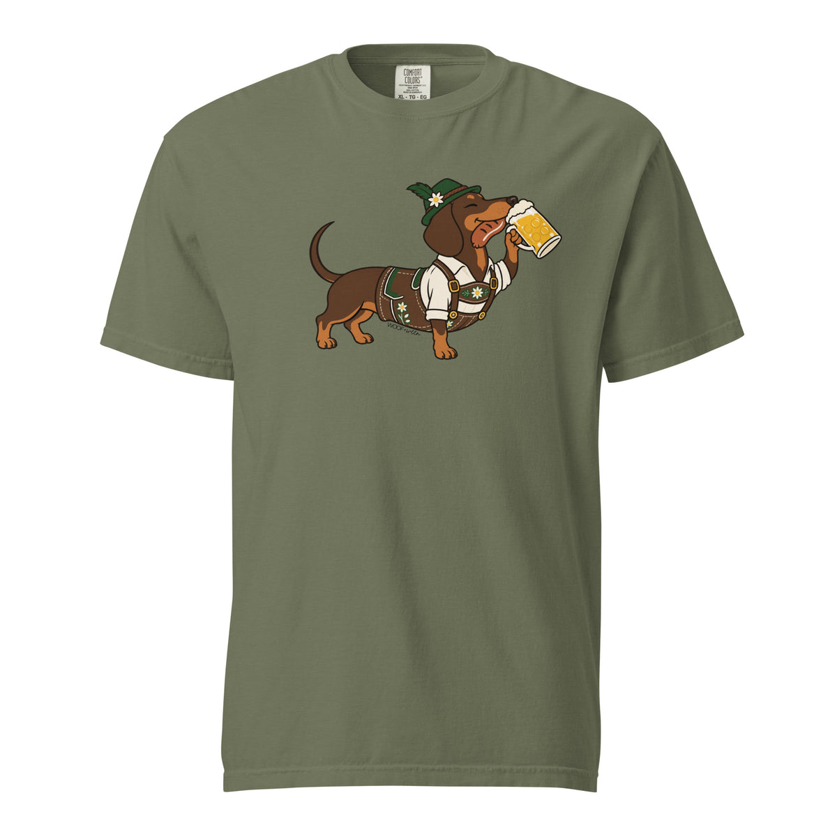Dachtoberfest dachshund Oktoberfest shirt in moss, front print on Comfort Colors garment-dyed tee