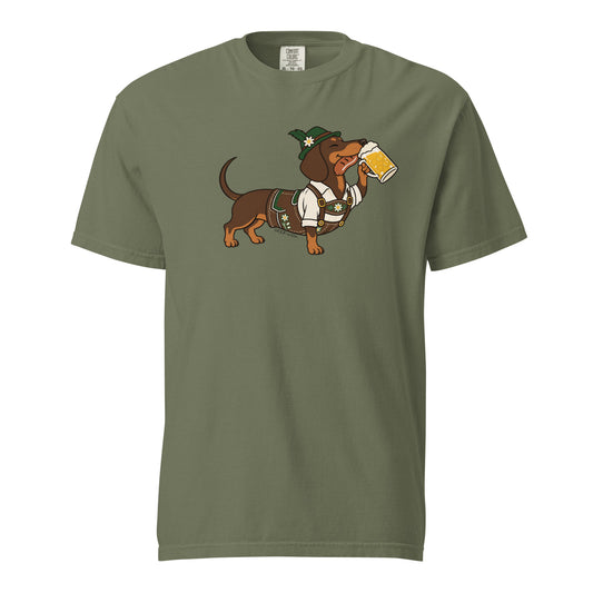 Dachtoberfest dachshund Oktoberfest shirt in moss, front print on Comfort Colors garment-dyed tee