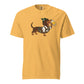 Dachtoberfest dachshund Oktoberfest shirt in mustard, front print on Comfort Colors garment-dyed tee