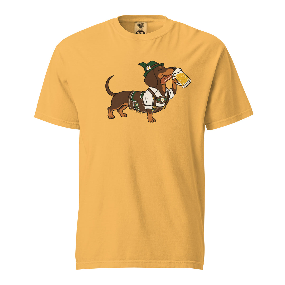 Dachtoberfest dachshund Oktoberfest shirt in mustard, front print on Comfort Colors garment-dyed tee