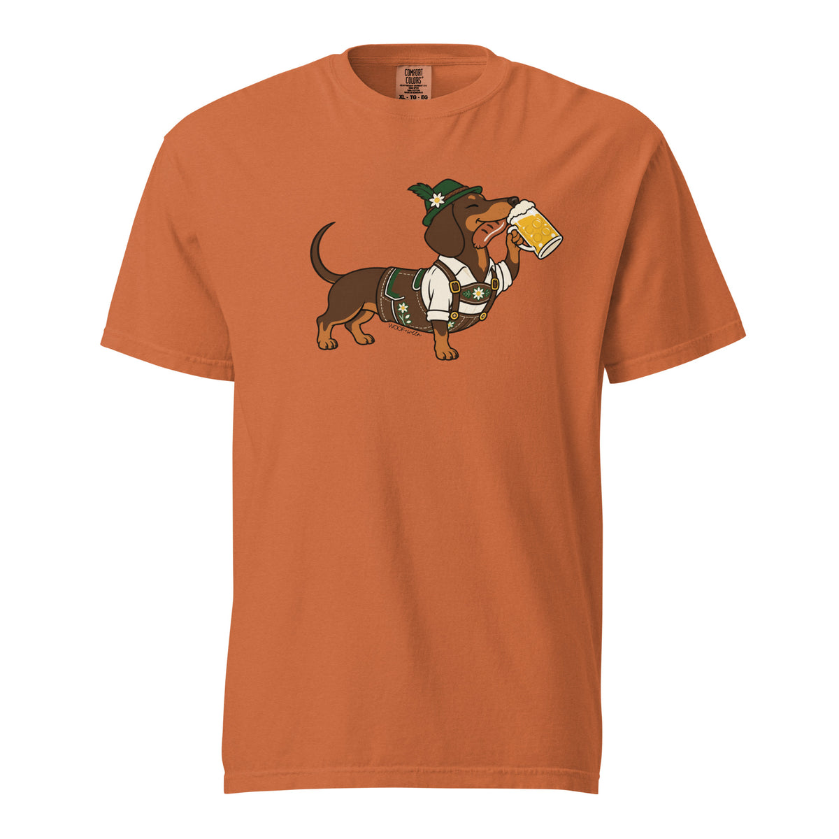 Dachtoberfest dachshund Oktoberfest shirt in yam, front print on Comfort Colors garment-dyed tee