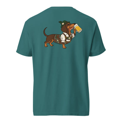 Dachtoberfest wiener dog Oktoberfest shirt in emerald, back print on Comfort Colors garment-dyed tee