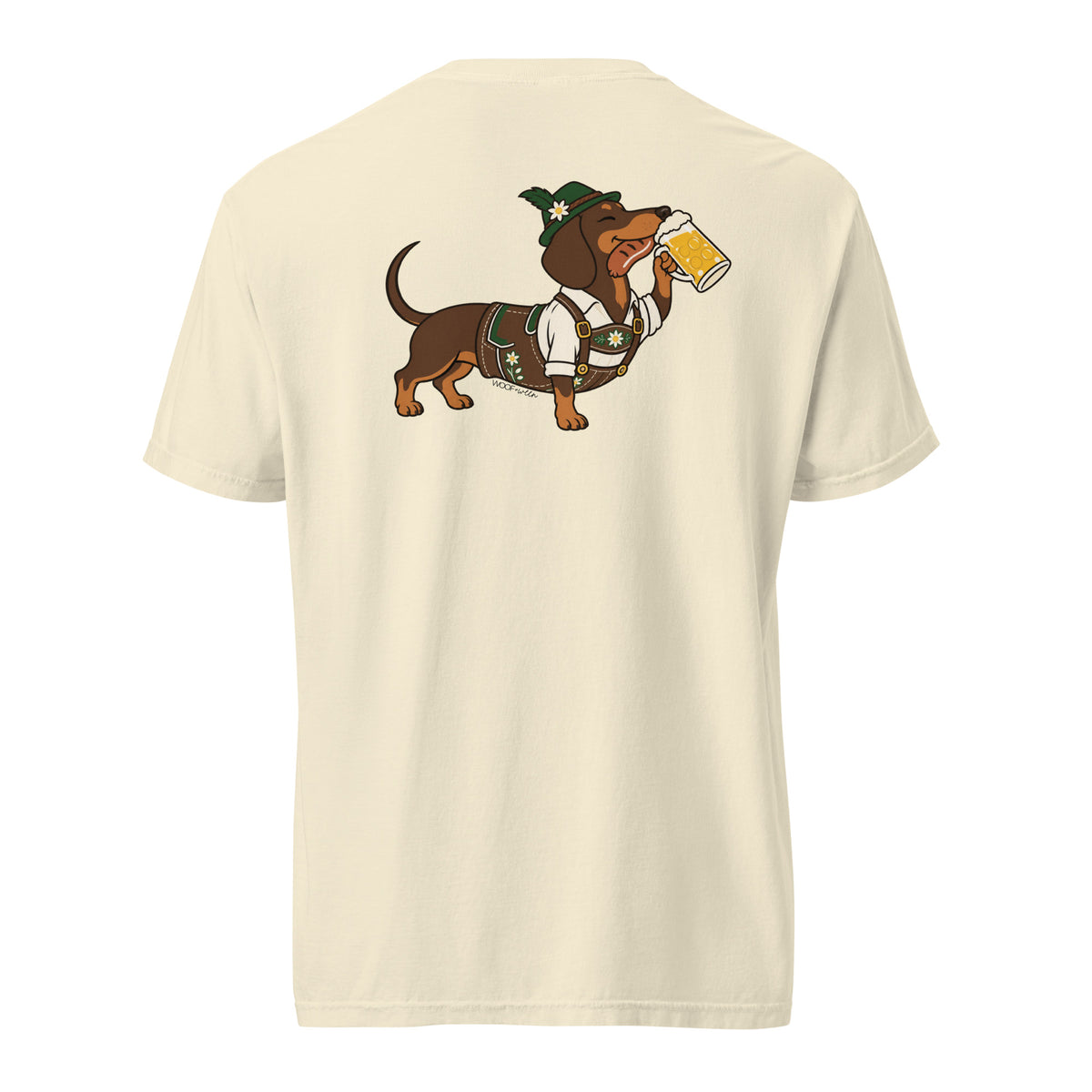 Dachtoberfest wiener dog Oktoberfest shirt in ivory, back print on Comfort Colors garment-dyed tee