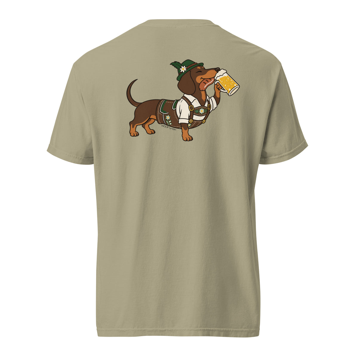 Dachtoberfest wiener dog Oktoberfest shirt in khaki, back print on Comfort Colors garment-dyed tee