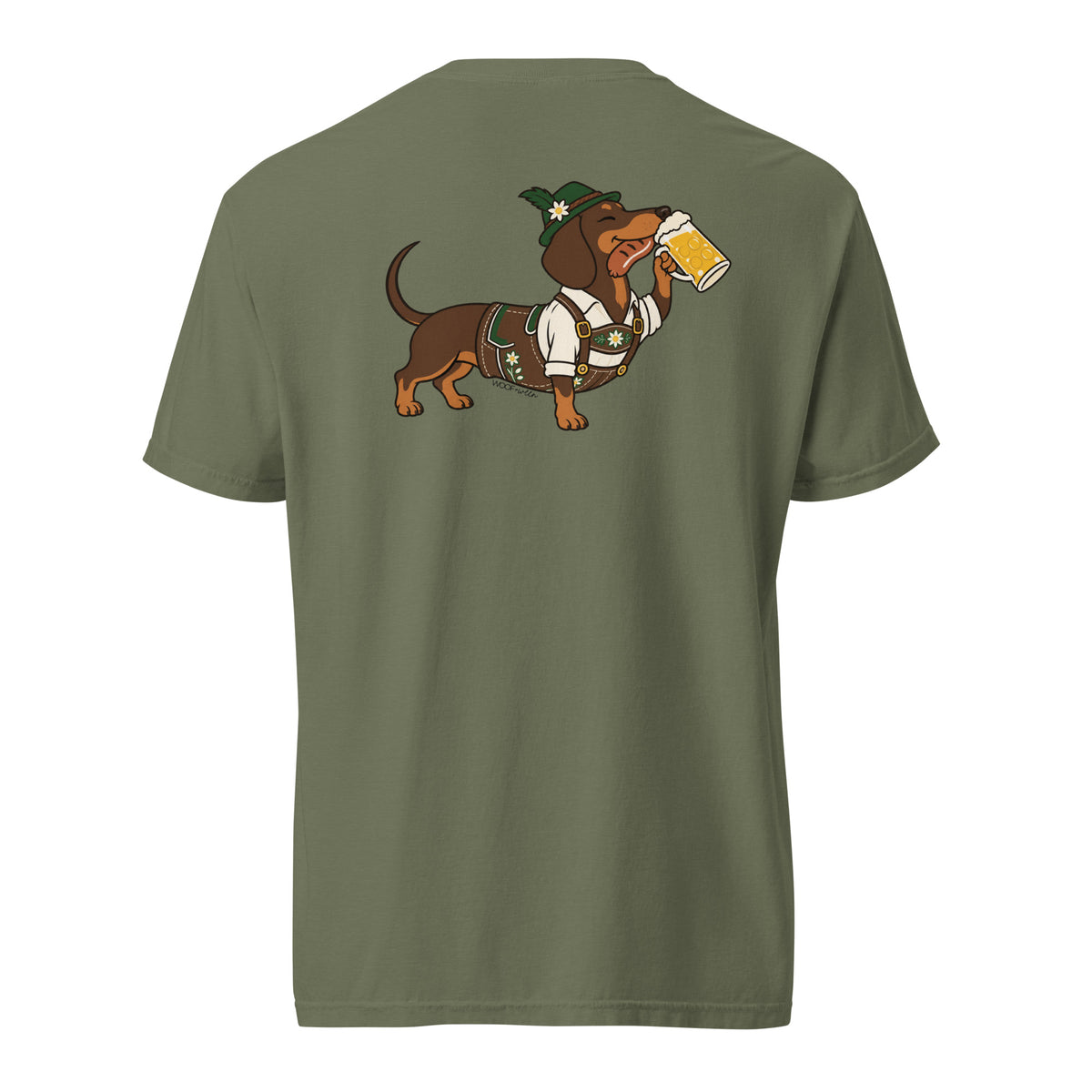 Dachtoberfest wiener dog Oktoberfest shirt in moss, back print on Comfort Colors garment-dyed tee