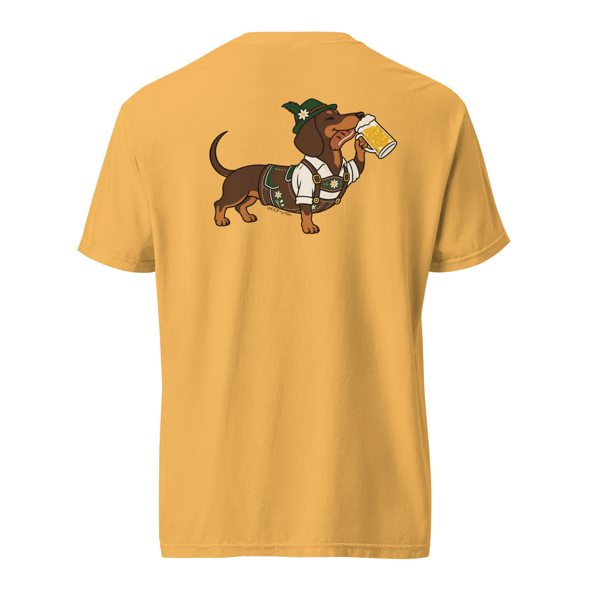 Dachtoberfest wiener dog Oktoberfest shirt in mustard, back print on Comfort Colors garment-dyed tee