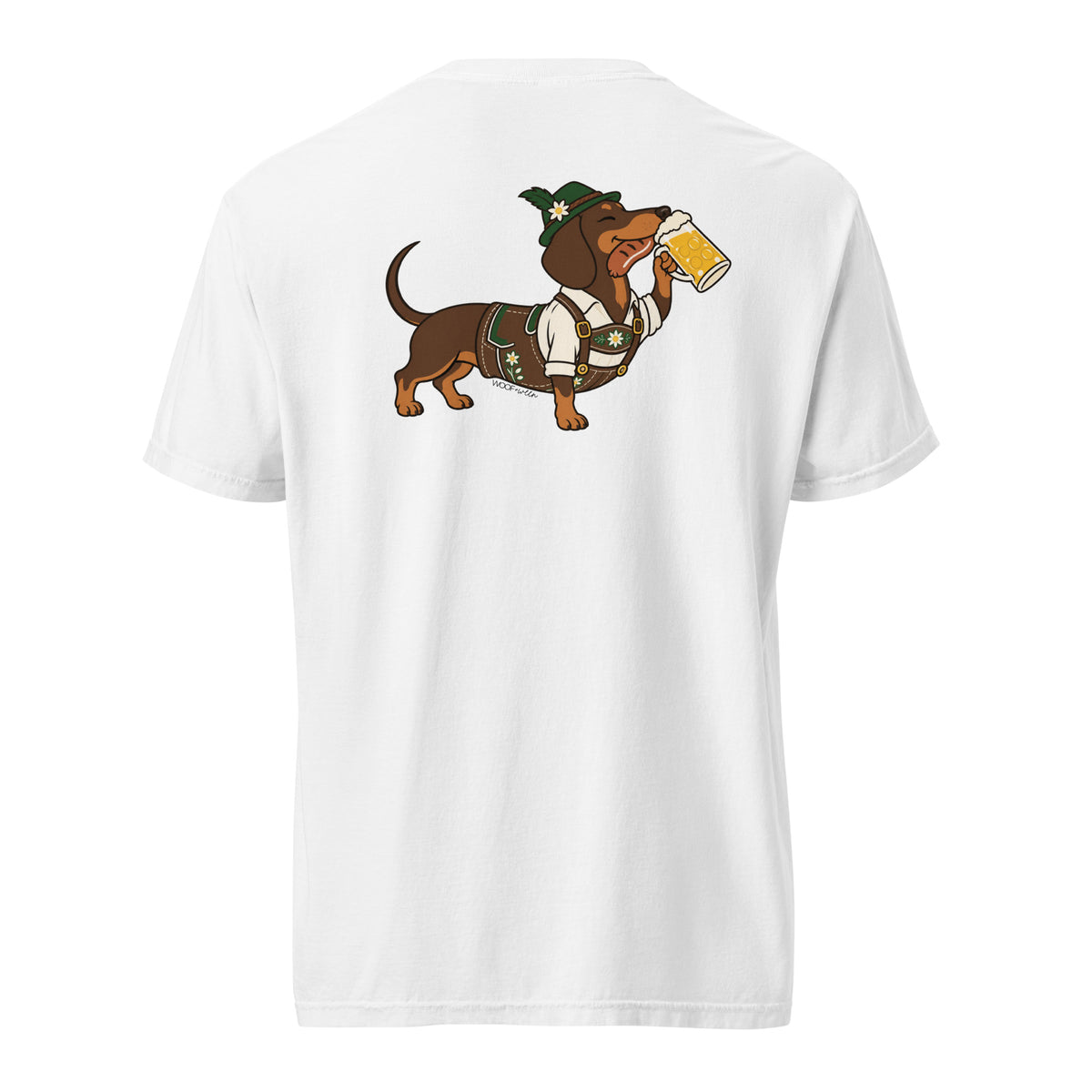 Dachtoberfest wiener dog Oktoberfest shirt in white, back print on Comfort Colors garment-dyed tee