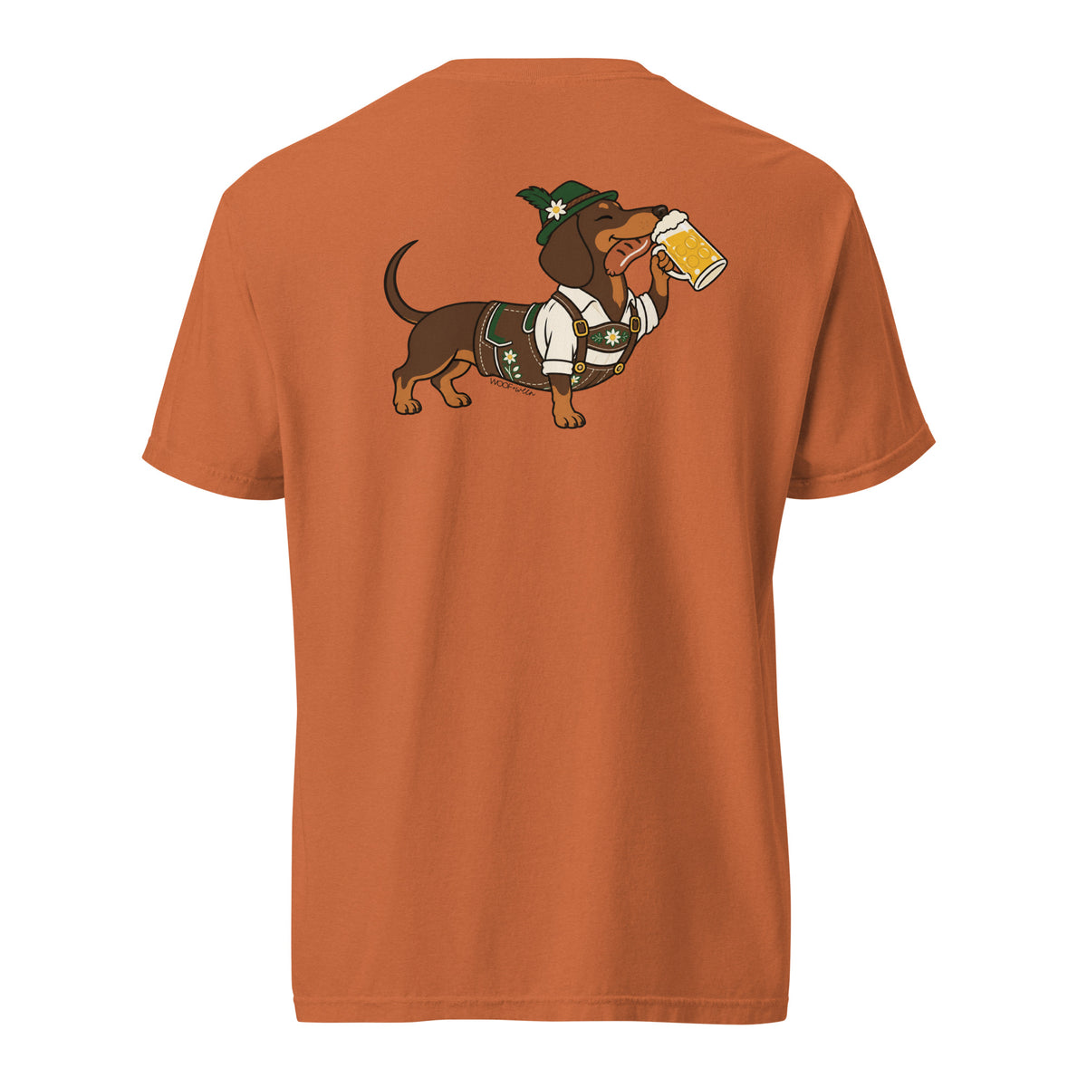 Dachtoberfest wiener dog Oktoberfest shirt in yam, back print on Comfort Colors garment-dyed tee