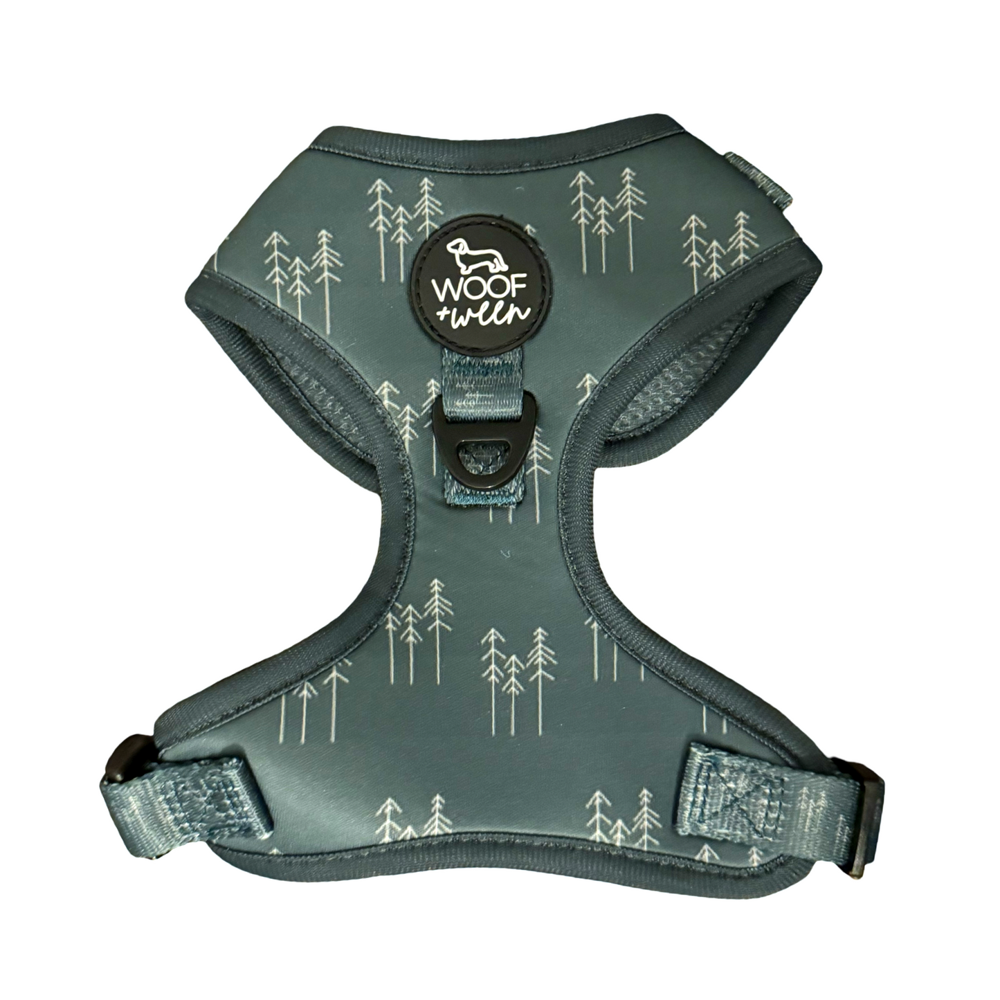 dark green woof+ween dachshund harness with pine tree pattern