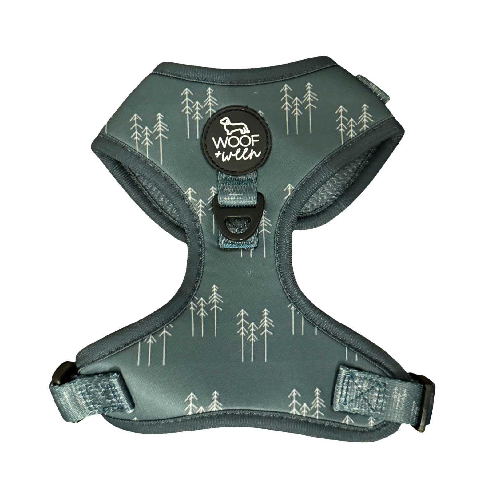 dark green woof+ween dachshund harness with pine tree pattern