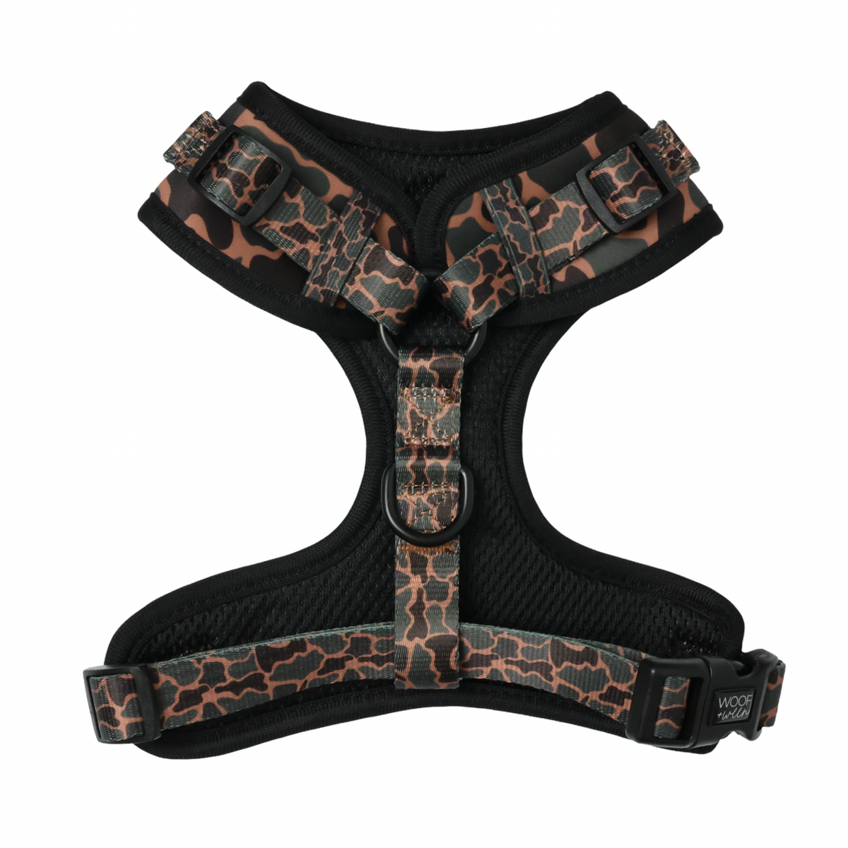 Doxie in Black Duck Camo harness, wiener dog outdoor gear