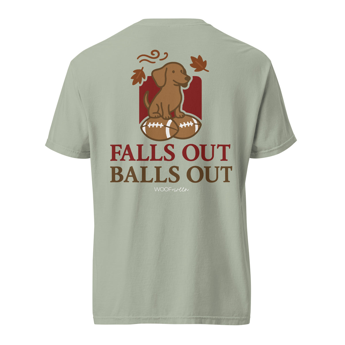 Falls Out Balls Out doxie football shirt in bay, back print on Comfort Colors garment-dyed tee