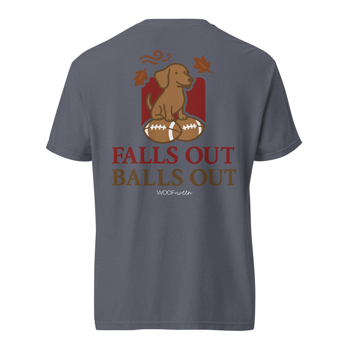 Falls Out Balls Out doxie football shirt in denim, back print on Comfort Colors garment-dyed tee