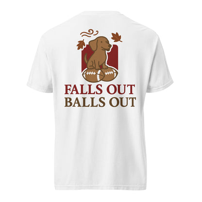 Falls Out Balls Out doxie football shirt in white, back print on Comfort Colors garment-dyed tee