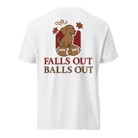Falls Out Balls Out doxie football shirt in white, back print on Comfort Colors garment-dyed tee