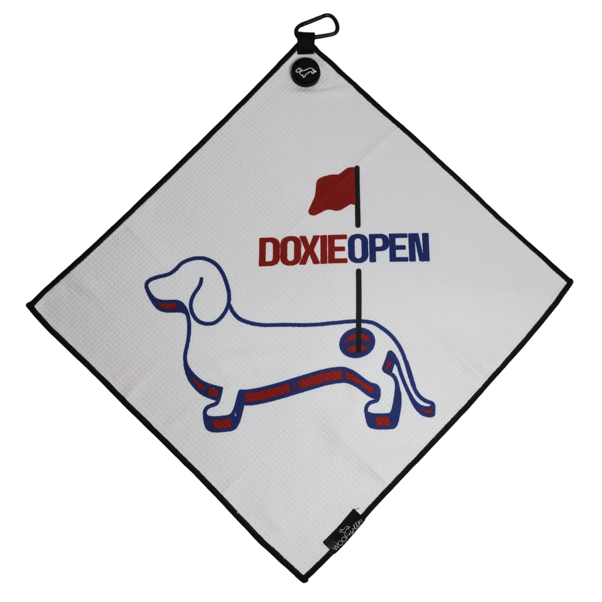 Doxie Open dachshund golf towel with open-mouth design