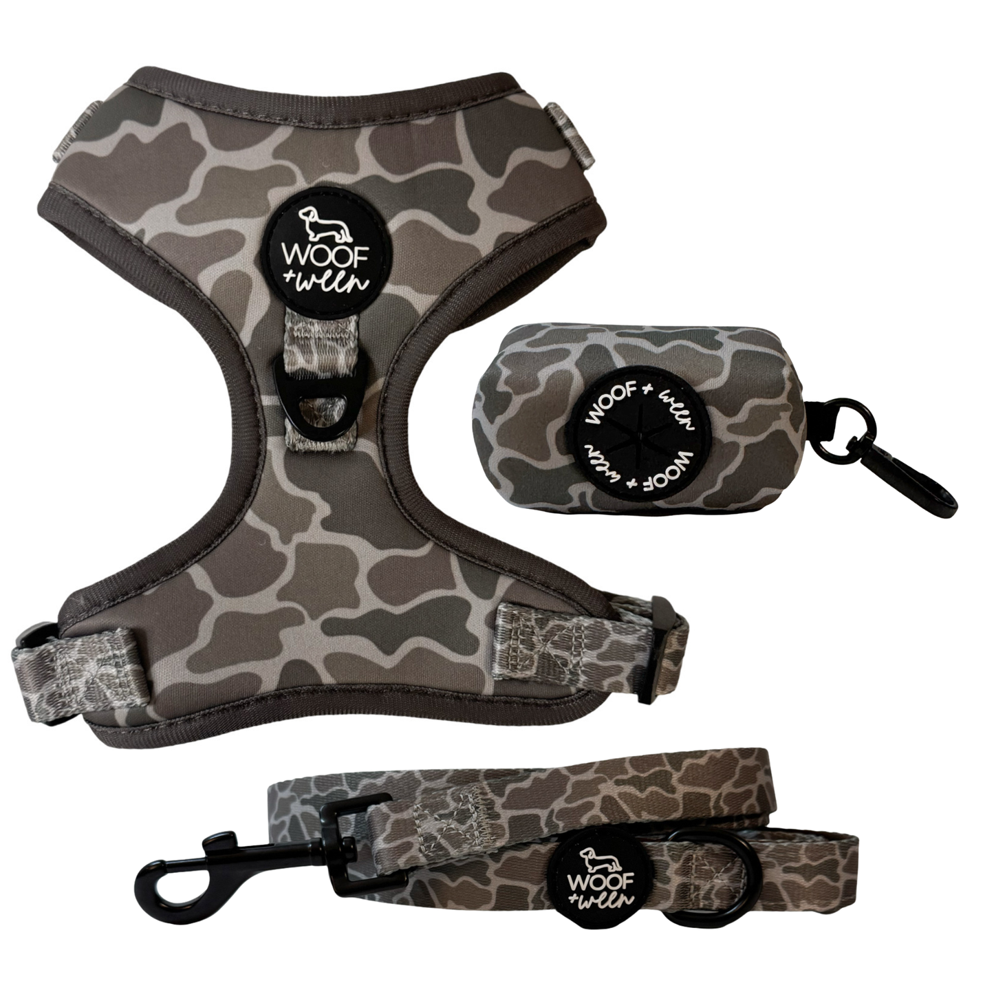 Duck camo dog harness, leash and waste bag holder walk bundle for outdoorsy dogs