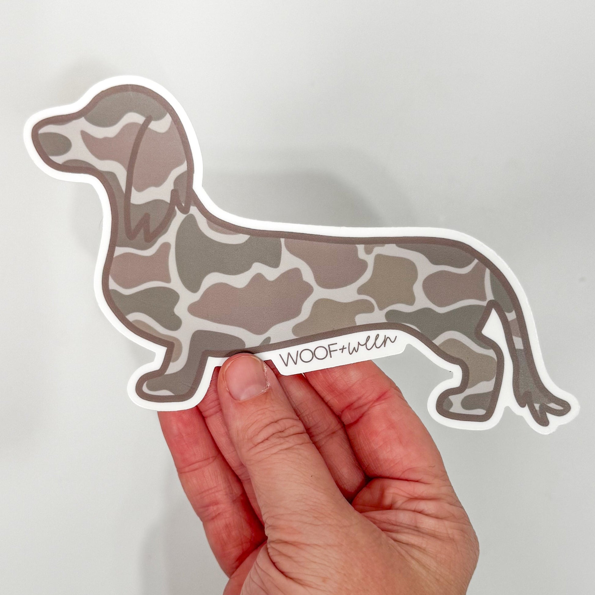 WOOF+WEEN Duck Camo long-haired dachshund bumper sticker