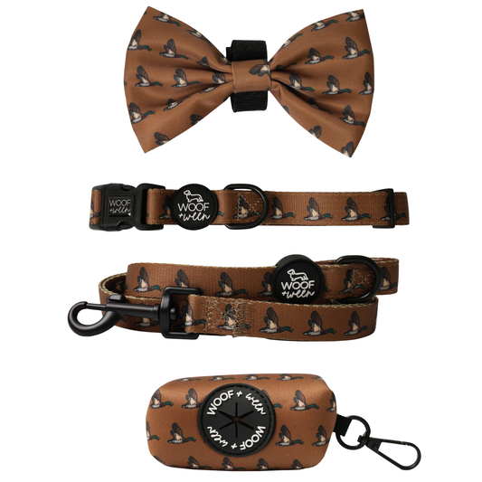 Duck camo dog collar, bow, leash and waste bag holder accessory bundle for hunting dogs