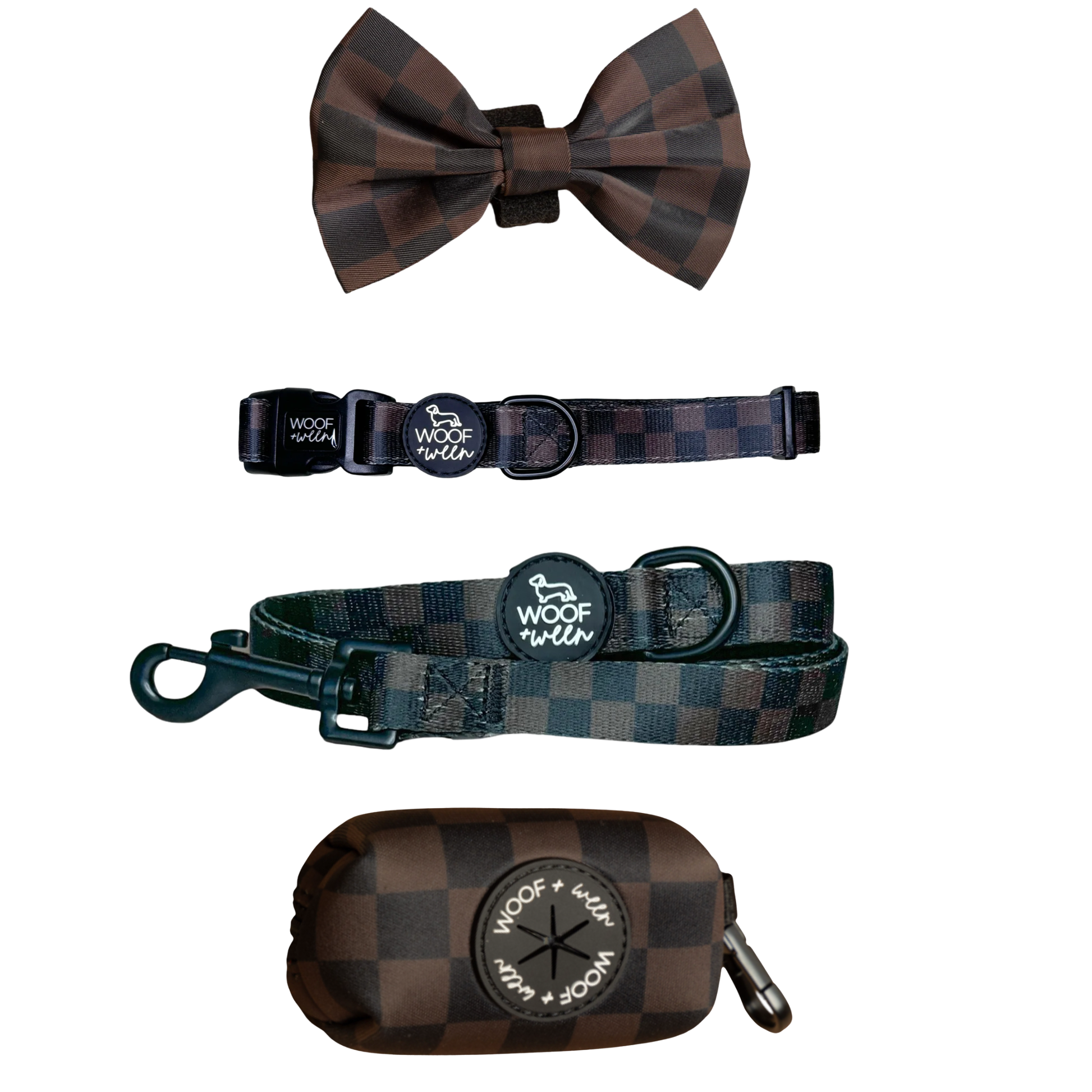 Brown and black checkered dog collar, bow, leash and waste bag holder accessory bundle