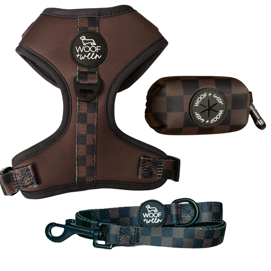 Brown and black checkered dog harness, leash and waste bag holder walk bundle