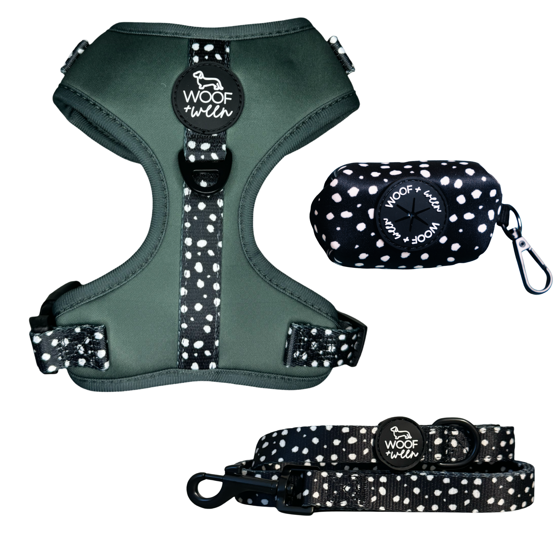 Black and white polka dot dog harness, leash and waste bag holder walk bundle