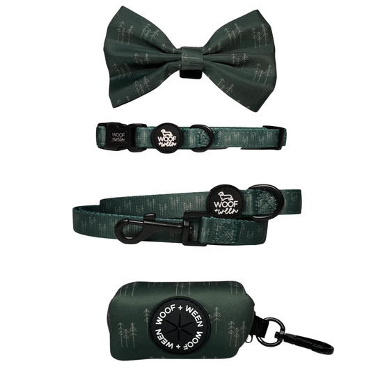 Green pine tree print dog collar, bow, leash and waste bag holder accessory bundle