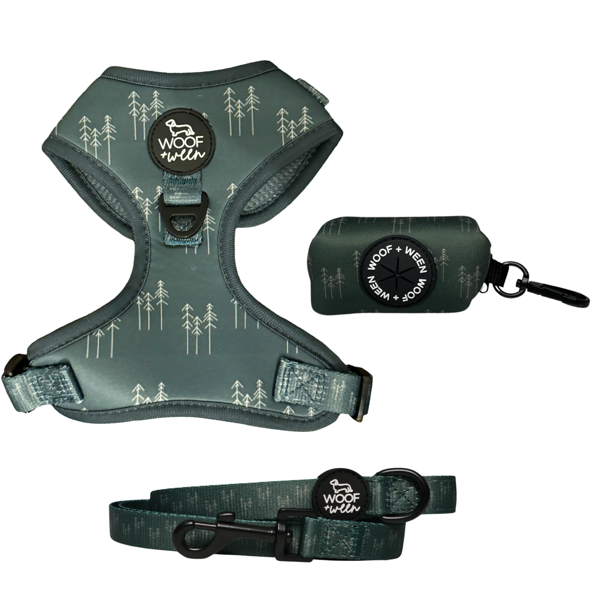 Green pine tree print dog harness, leash and waste bag holder walk bundle