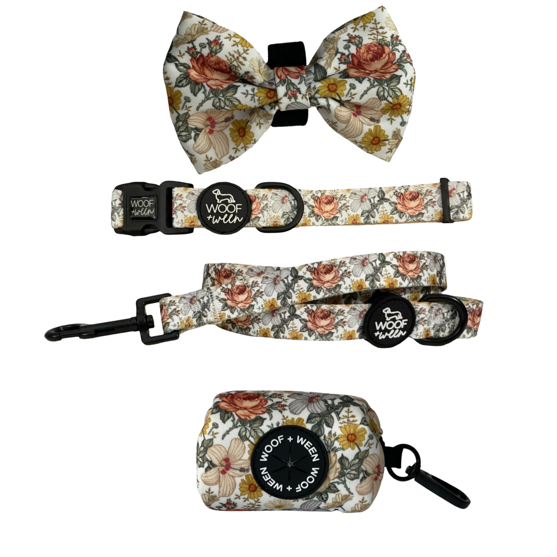 Pink floral dog collar, bow, leash and waste bag holder accessory bundle