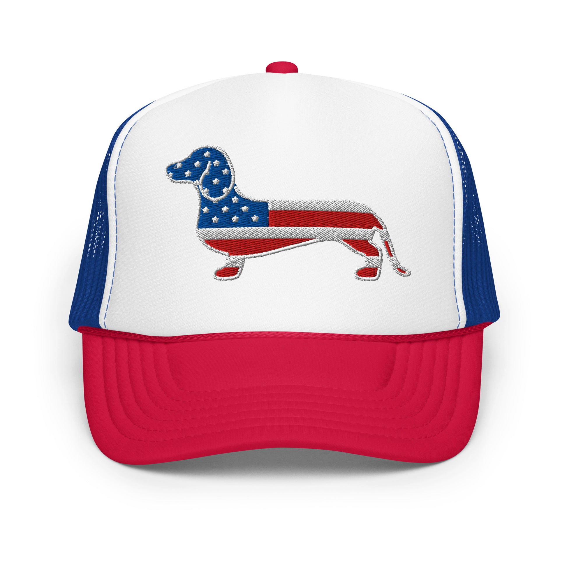 USA Flag shaped dachshund embroidered trucker  hat for july fourth