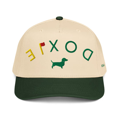 Embroidered doxie golf dachshund hat on structured adjustable snapback cap by WOOF+WEEN.