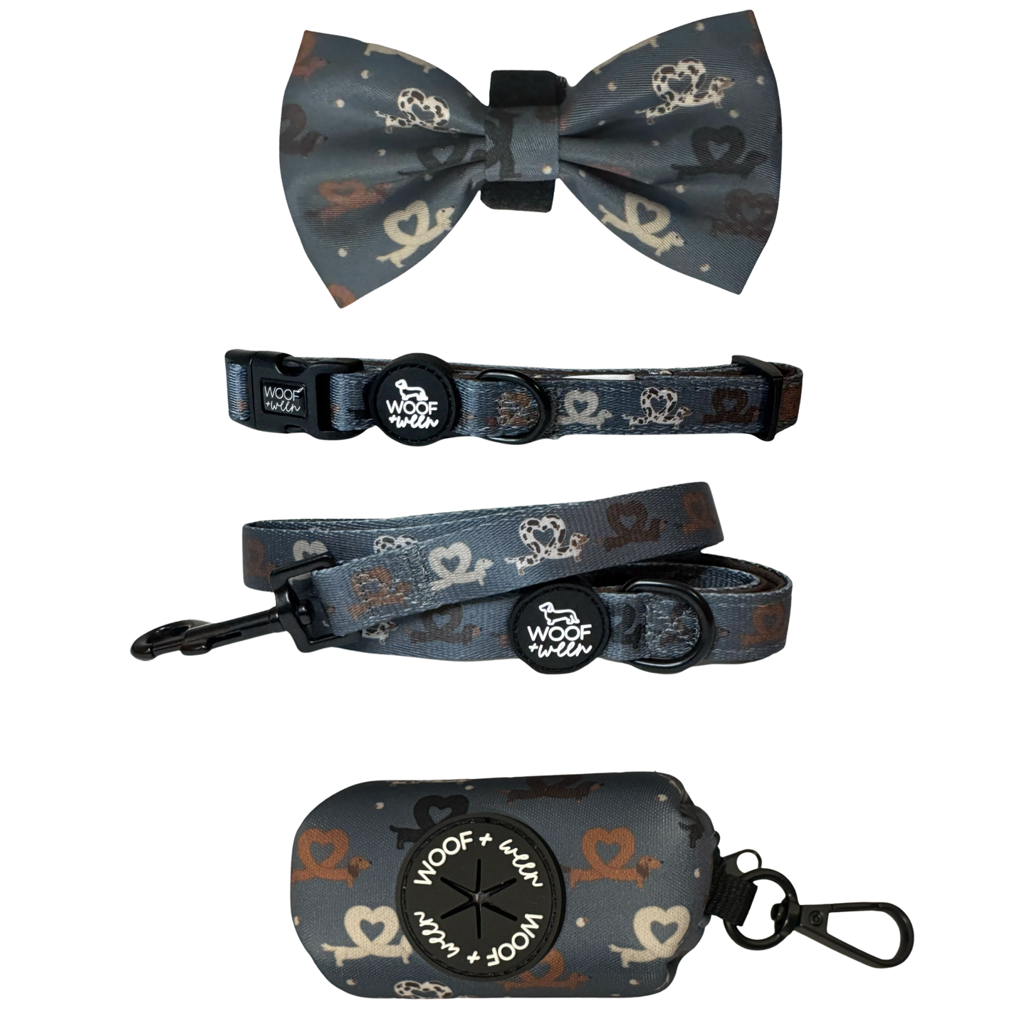 Dachshund heart print dog collar, bow, leash and waste bag holder accessory bundle for doxie lovers
