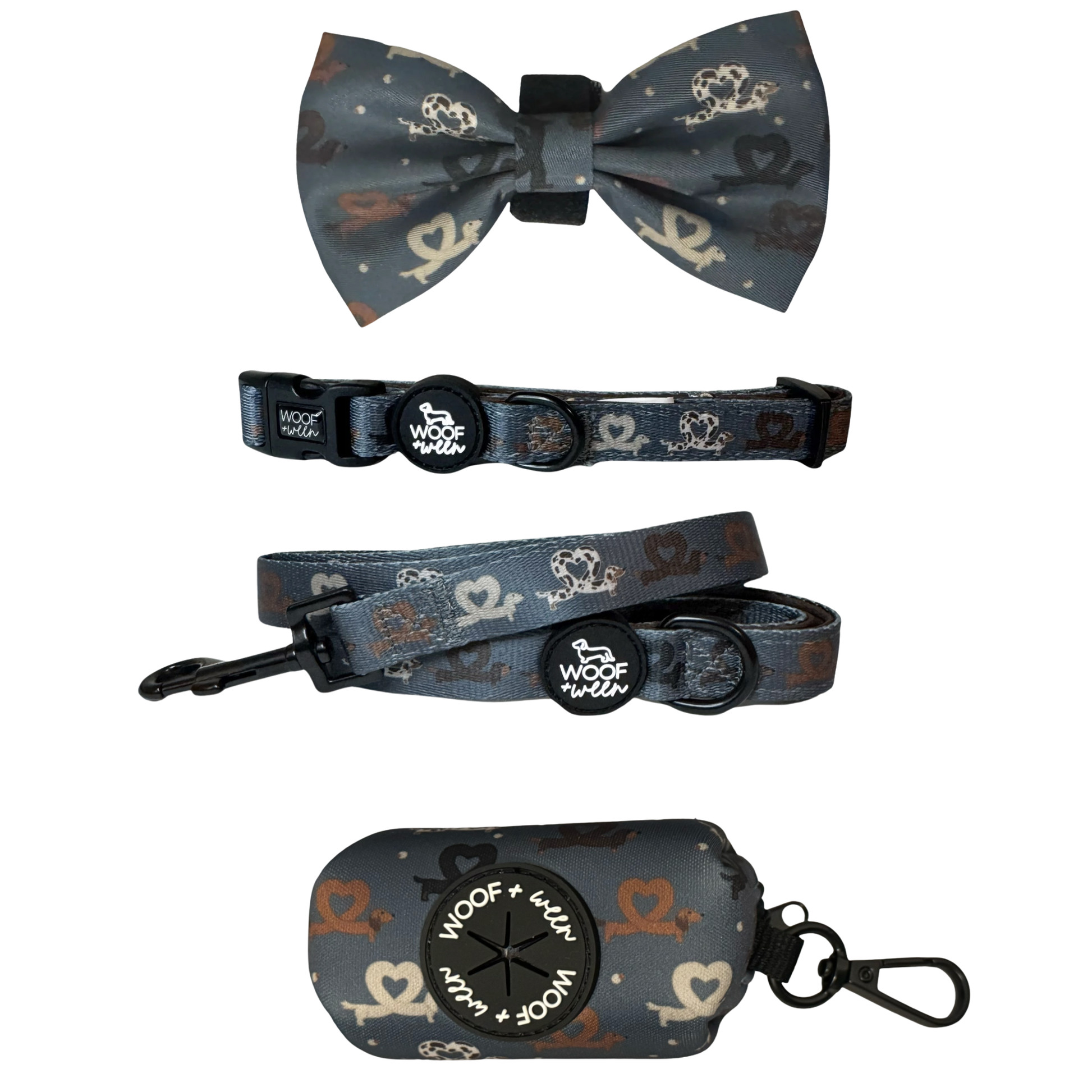 Dachshund heart print dog collar, bow, leash and waste bag holder accessory bundle for doxie lovers