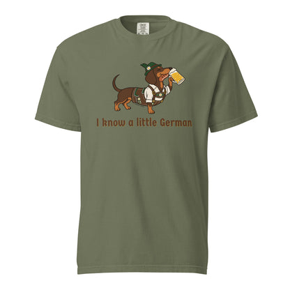 I Know a Little German funny dachshund shirt in moss, front print on Comfort Colors garment-dyed tee