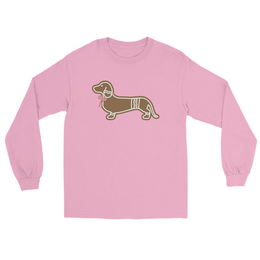 pink long sleeve shirt with gingerbread dachshund design