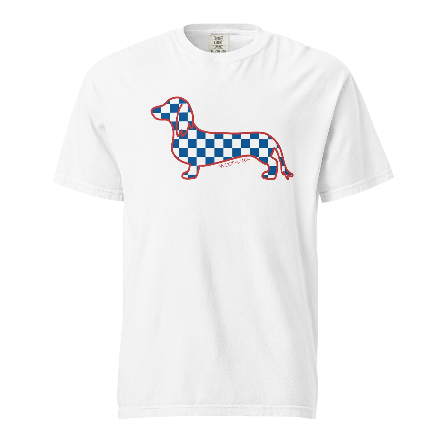 long hair dachshund blue checkered doxie shirt in white